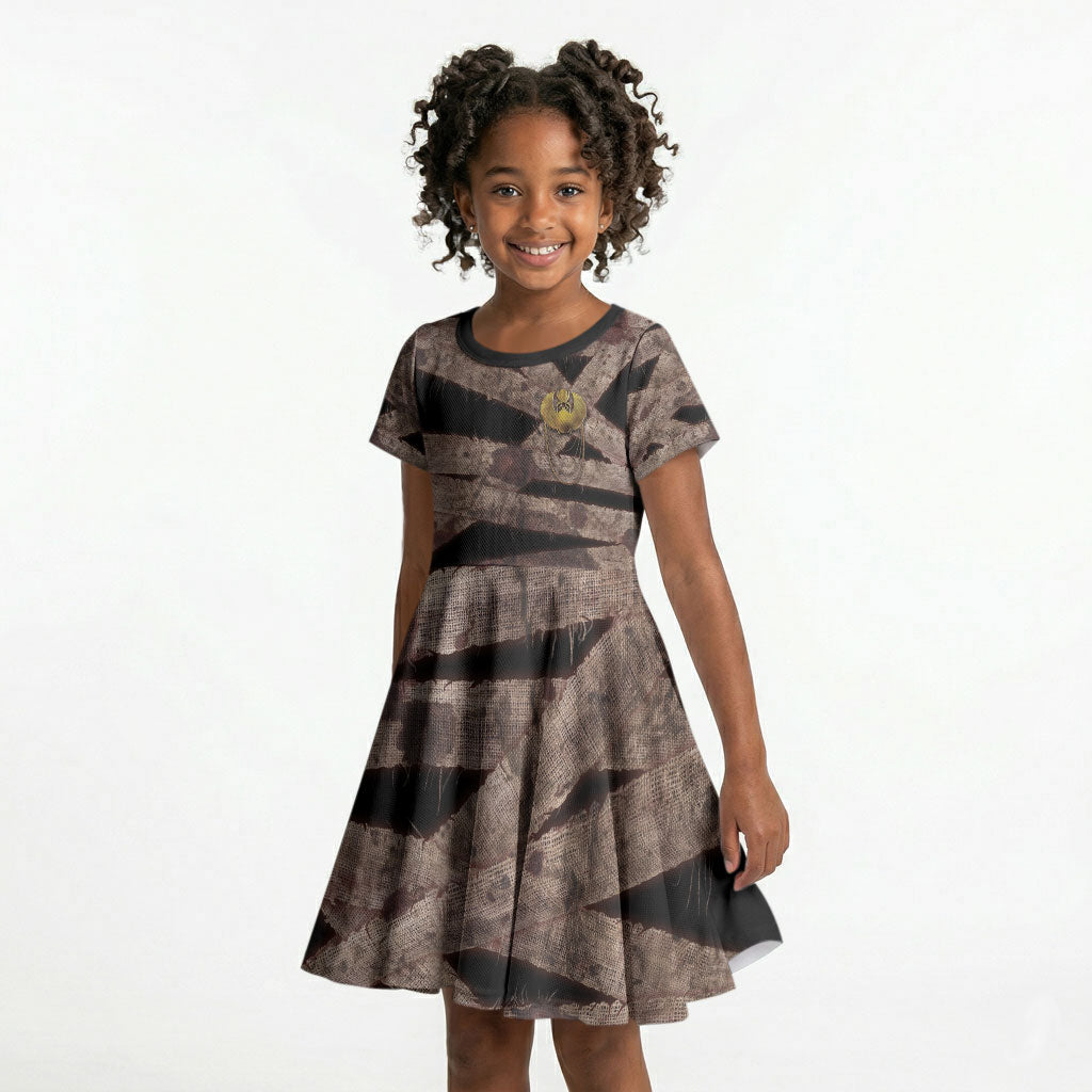 African Halloween Egypt Mummy Wrap Kid Short Sleeve Dress Golden Winged Scarab Badge