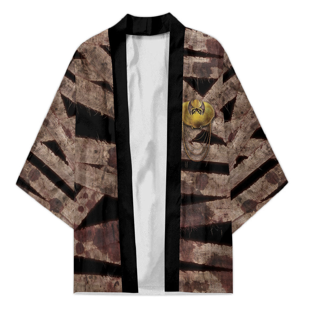 African Halloween Egypt Mummy Wrap Kimono Golden Winged Scarab Badge