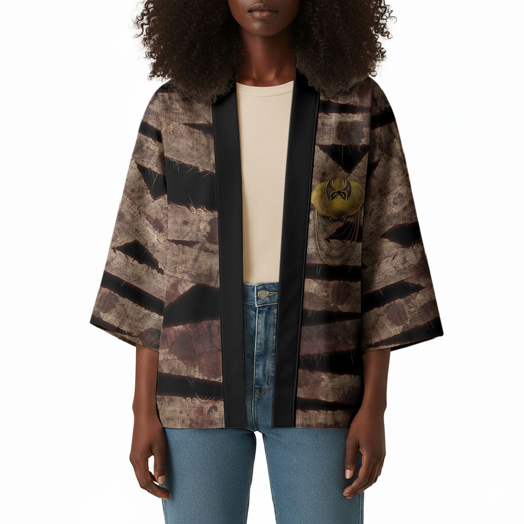 African Halloween Egypt Mummy Wrap Kimono Golden Winged Scarab Badge