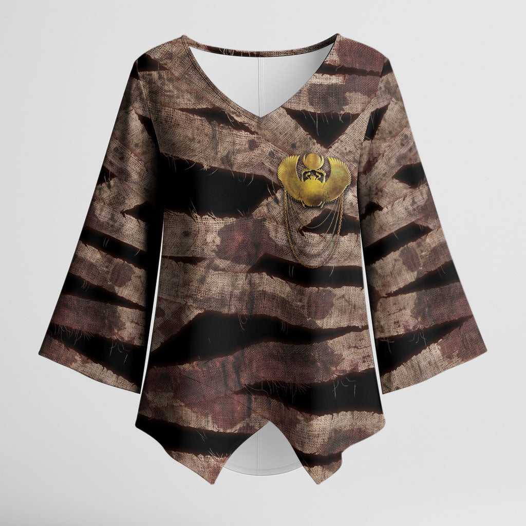 African Halloween Egypt Mummy Wrap Kimono Sleeve Blouse Golden Winged Scarab Badge