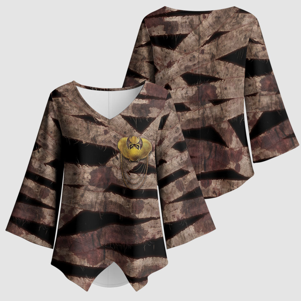 African Halloween Egypt Mummy Wrap Kimono Sleeve Blouse Golden Winged Scarab Badge