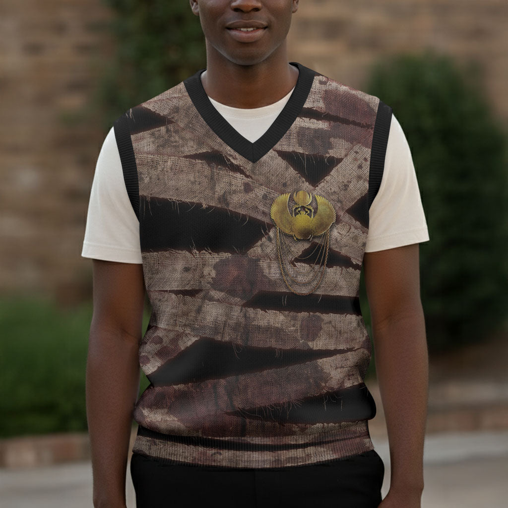 African Halloween Egypt Mummy Wrap Christmas Knitted V-Neck Vest Golden Winged Scarab Badge