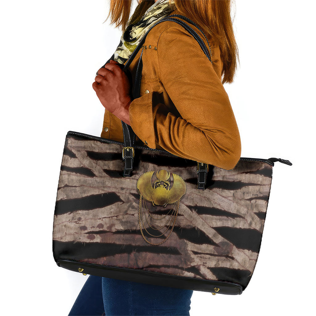 African Halloween Egypt Mummy Wrap Leather Tote Bag Golden Winged Scarab Badge