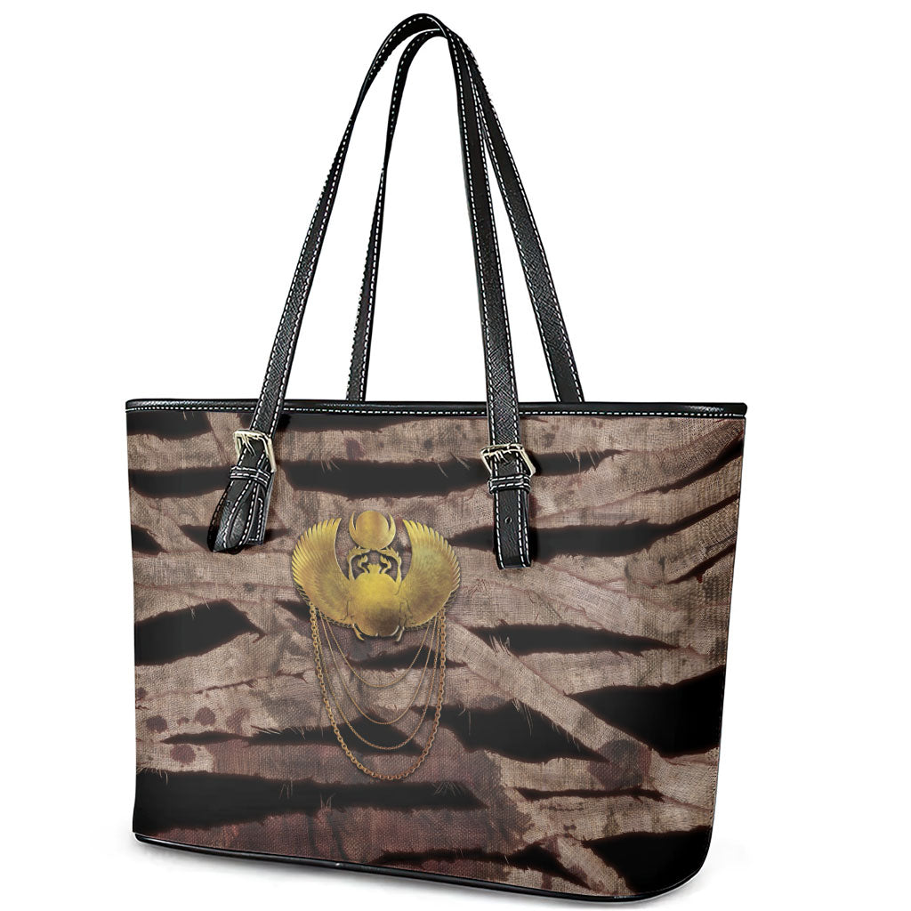 African Halloween Egypt Mummy Wrap Leather Tote Bag Golden Winged Scarab Badge