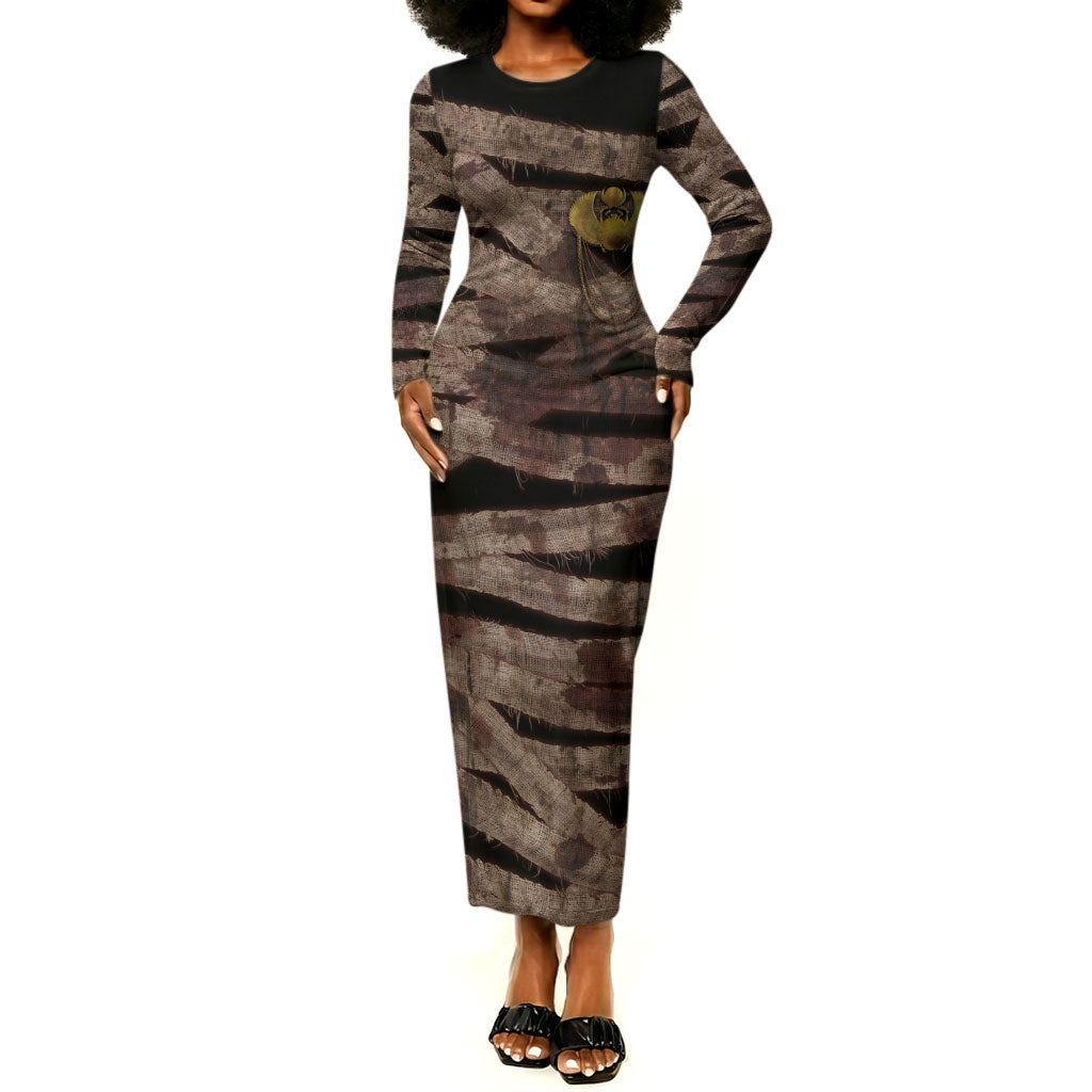 African Halloween Egypt Mummy Wrap Long Sleeve Bodycon Dress Golden Winged Scarab Badge