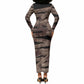 African Halloween Egypt Mummy Wrap Long Sleeve Bodycon Dress Golden Winged Scarab Badge