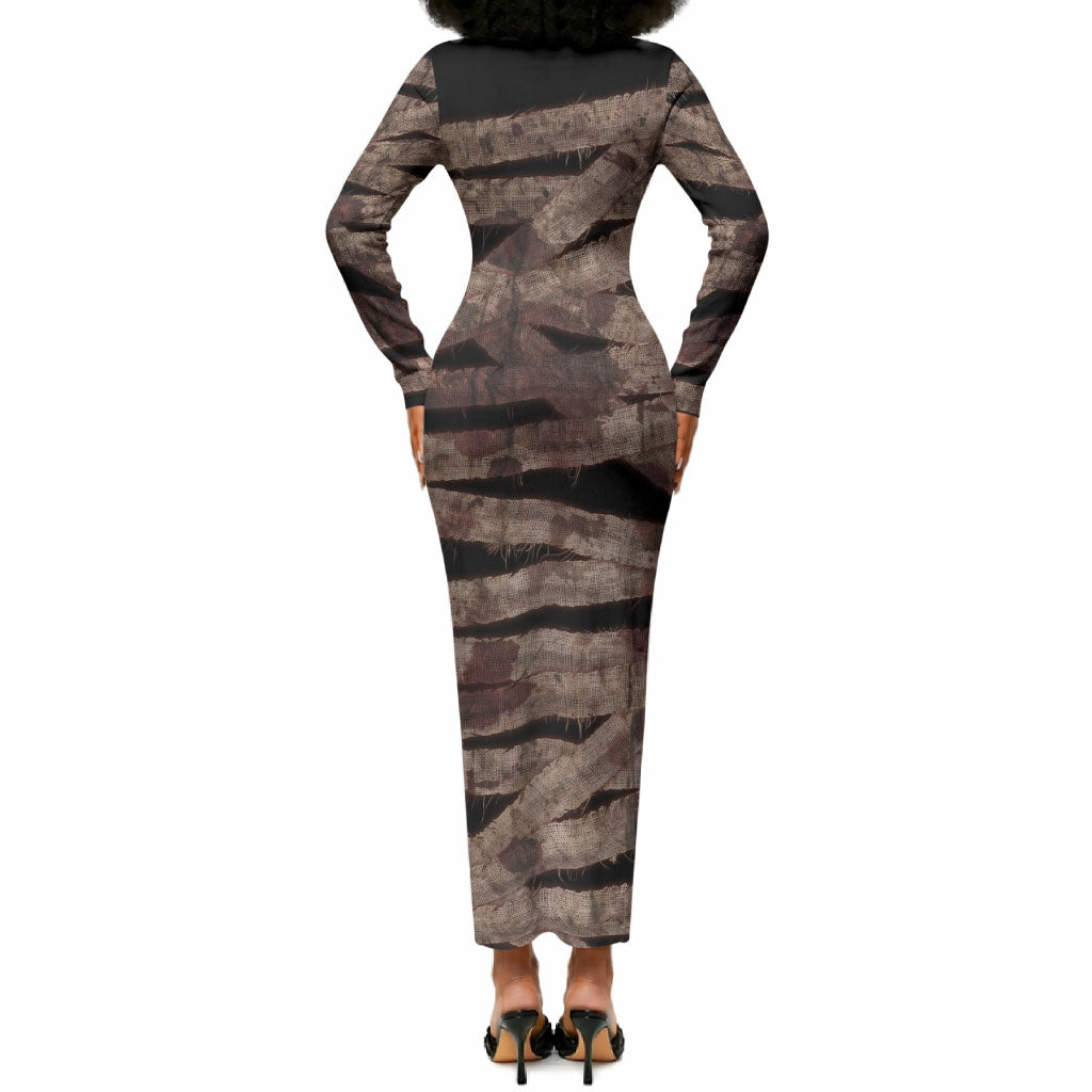 African Halloween Egypt Mummy Wrap Long Sleeve Bodycon Dress Golden Winged Scarab Badge
