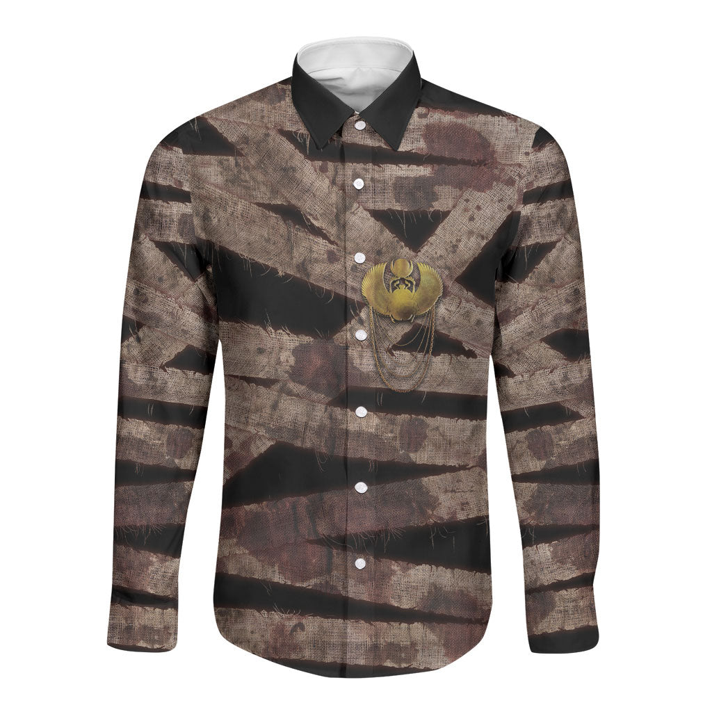 African Halloween Egypt Mummy Wrap Long Sleeve Button Shirt Golden Winged Scarab Badge