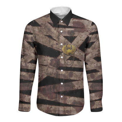 African Halloween Egypt Mummy Wrap Long Sleeve Button Shirt Golden Winged Scarab Badge