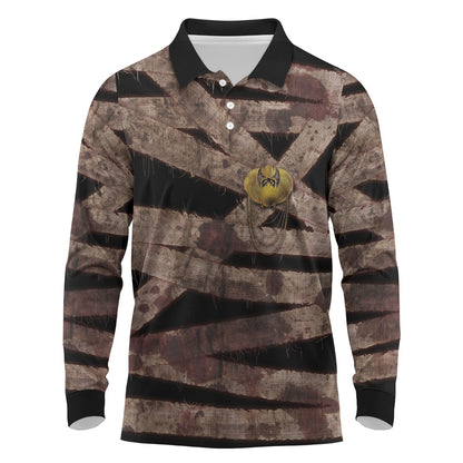 African Halloween Egypt Mummy Wrap Long Sleeve Polo Shirt Golden Winged Scarab Badge