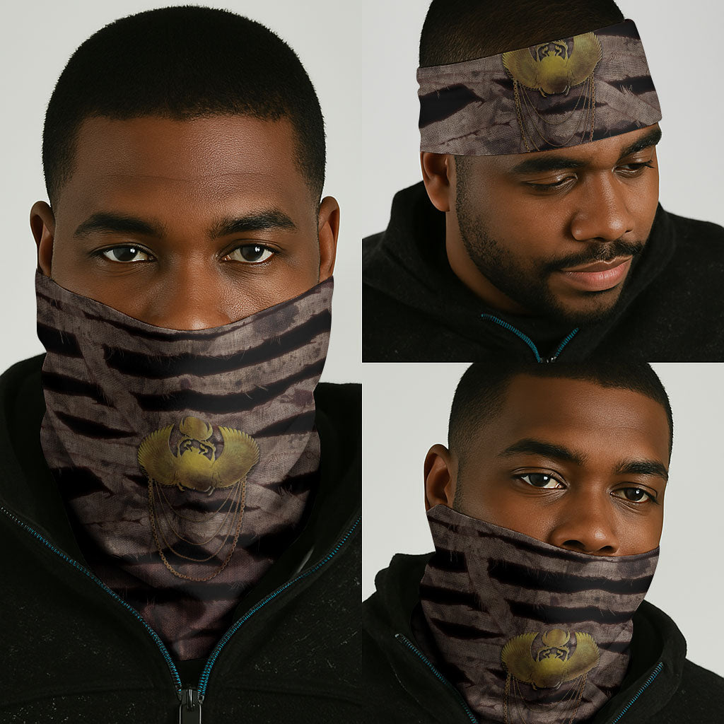 African Halloween Egypt Mummy Wrap Neck Gaiter Golden Winged Scarab Badge