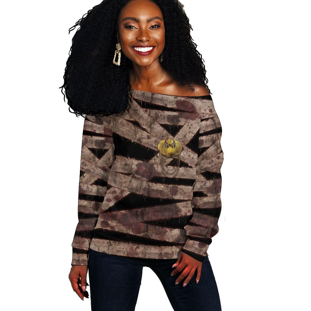 African Halloween Egypt Mummy Wrap Off Shoulder Sweater Golden Winged Scarab Badge