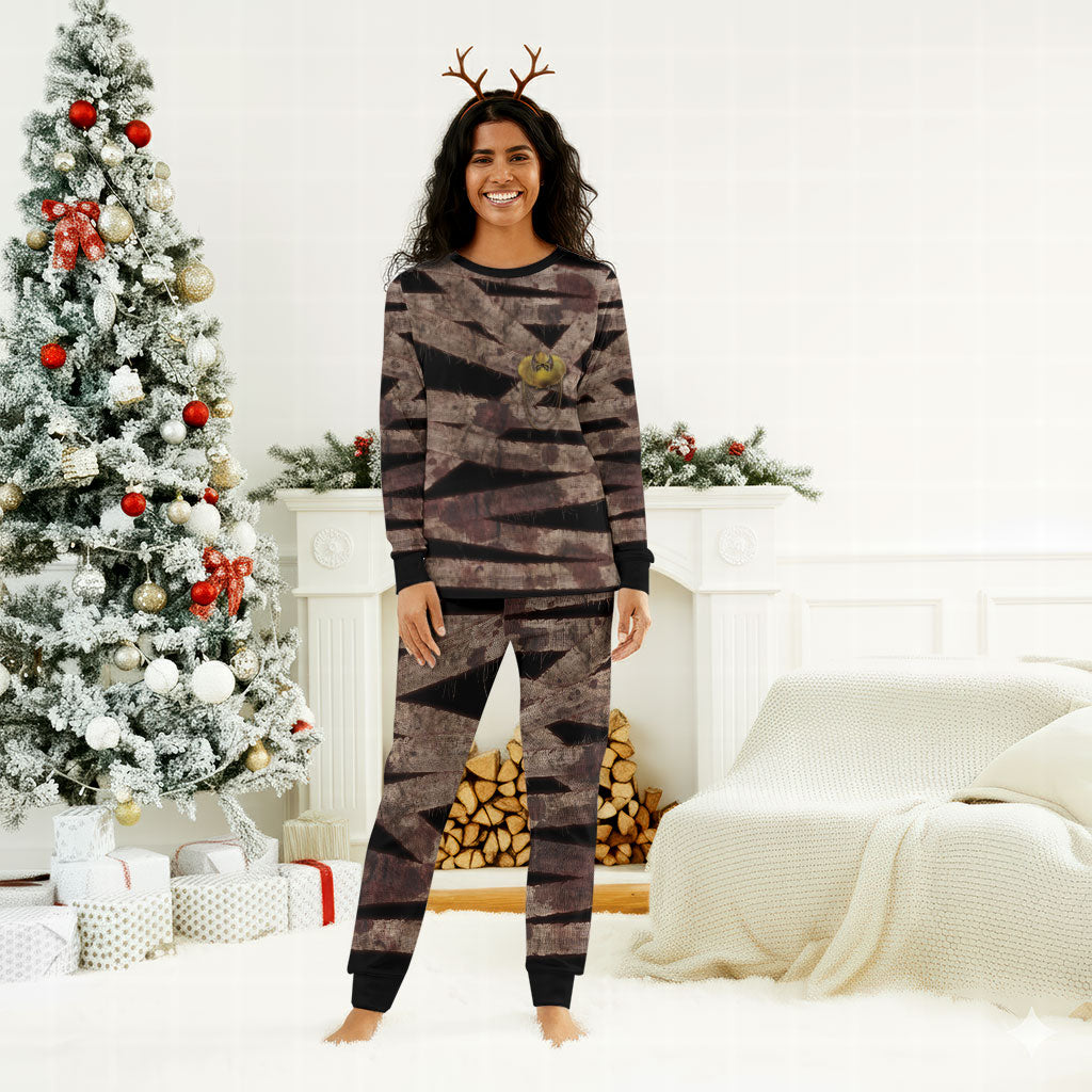 African Halloween Egypt Mummy Wrap Christmas Pajama Set Golden Winged Scarab Badge