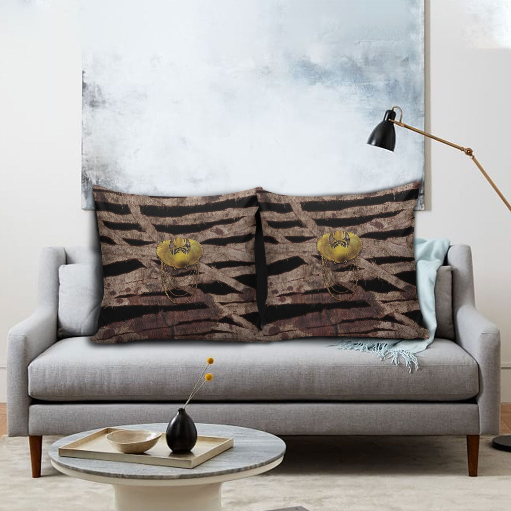 African Halloween Egypt Mummy Wrap Pillow Cover Golden Winged Scarab Badge
