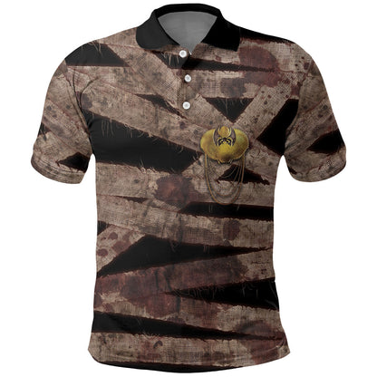 African Halloween Egypt Mummy Wrap Polo Shirt Golden Winged Scarab Badge