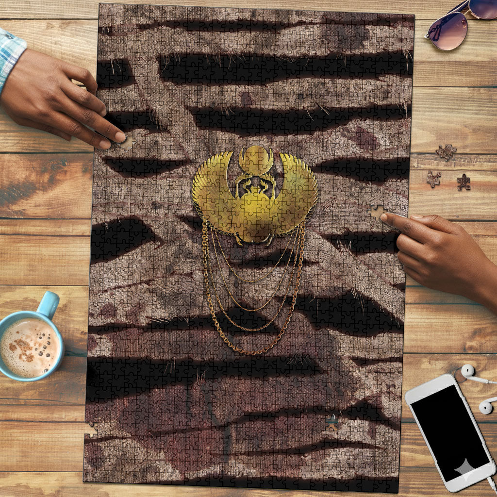 African Halloween Egypt Mummy Wrap Puzzle Golden Winged Scarab Badge