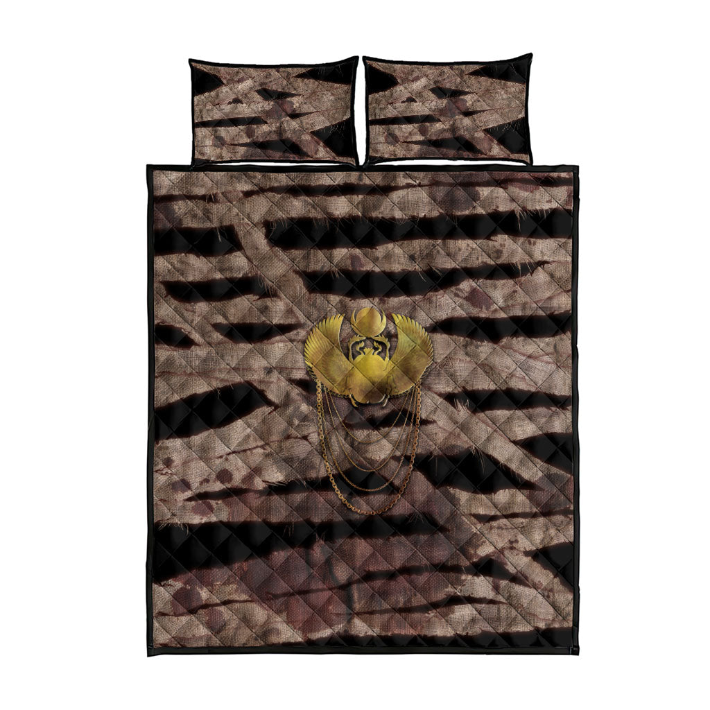 African Halloween Egypt Mummy Wrap Quilt Bed Set Golden Winged Scarab Badge