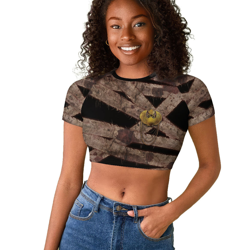 African Halloween Egypt Mummy Wrap Raglan Cropped T shirt Golden Winged Scarab Badge