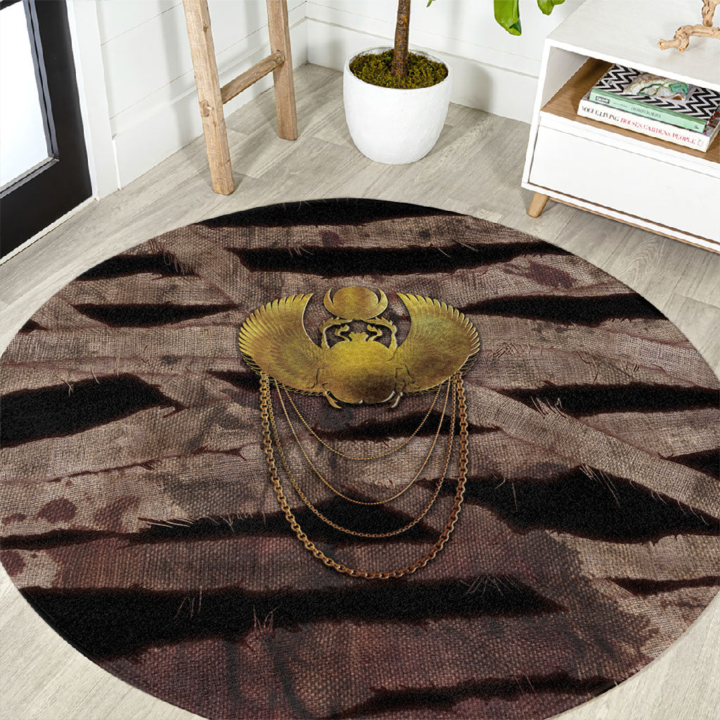 African Halloween Egypt Mummy Wrap Round Carpet Golden Winged Scarab Badge