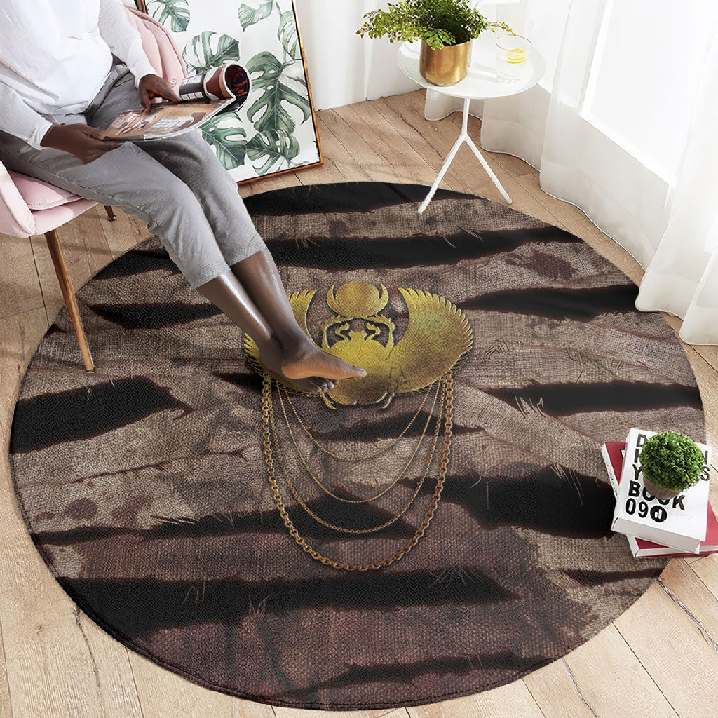 African Halloween Egypt Mummy Wrap Round Carpet Golden Winged Scarab Badge