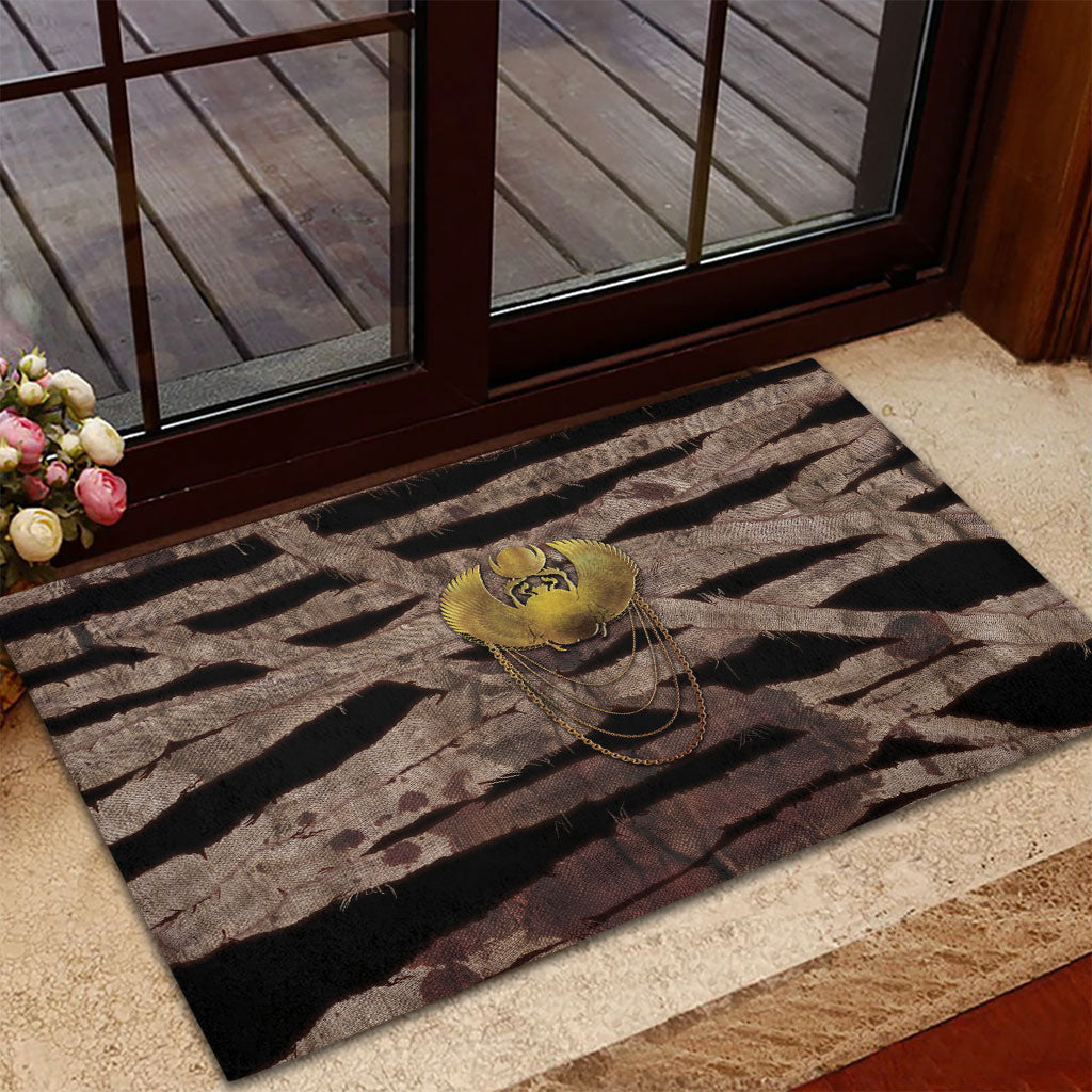 African Halloween Egypt Mummy Wrap Rubber Doormat Golden Winged Scarab Badge