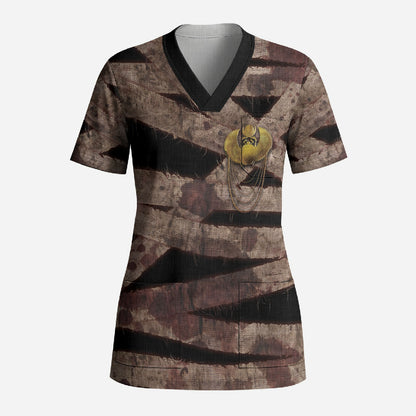 African Halloween Egypt Mummy Wrap Scrub Top Golden Winged Scarab Badge
