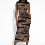 African Halloween Egypt Mummy Wrap Short Sleeve Bodycon Dress Golden Winged Scarab Badge