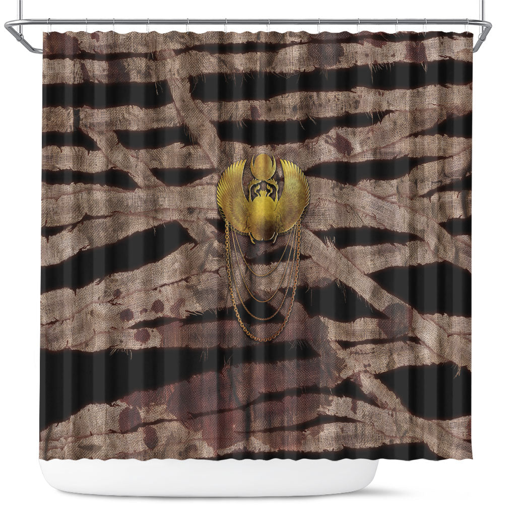 African Halloween Egypt Mummy Wrap Shower Curtain Golden Winged Scarab Badge