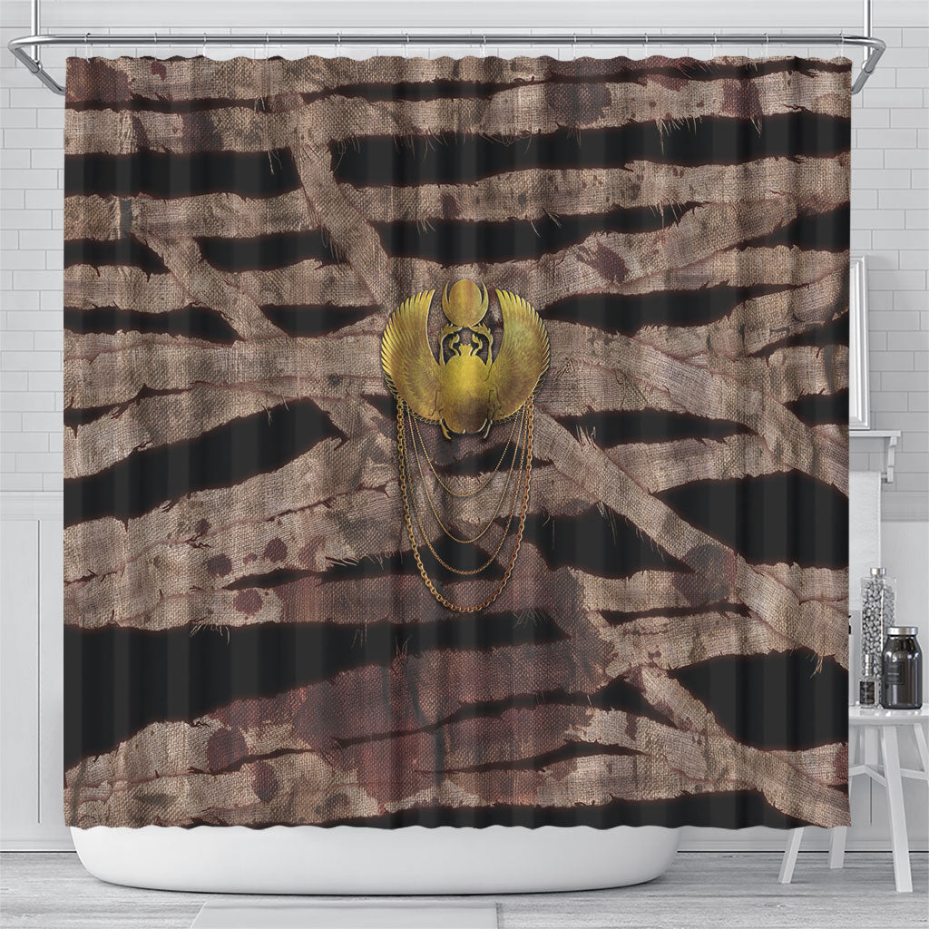African Halloween Egypt Mummy Wrap Shower Curtain Golden Winged Scarab Badge