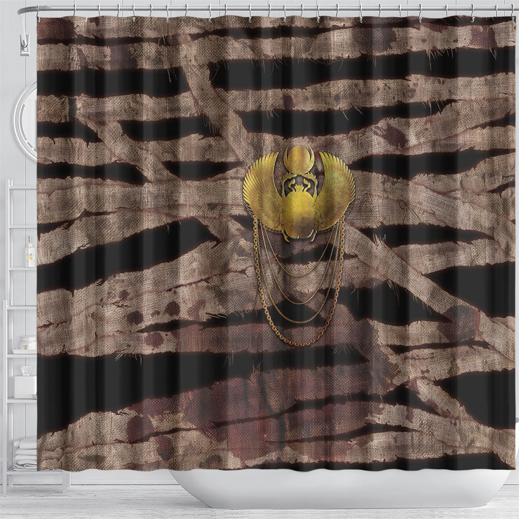African Halloween Egypt Mummy Wrap Shower Curtain Golden Winged Scarab Badge