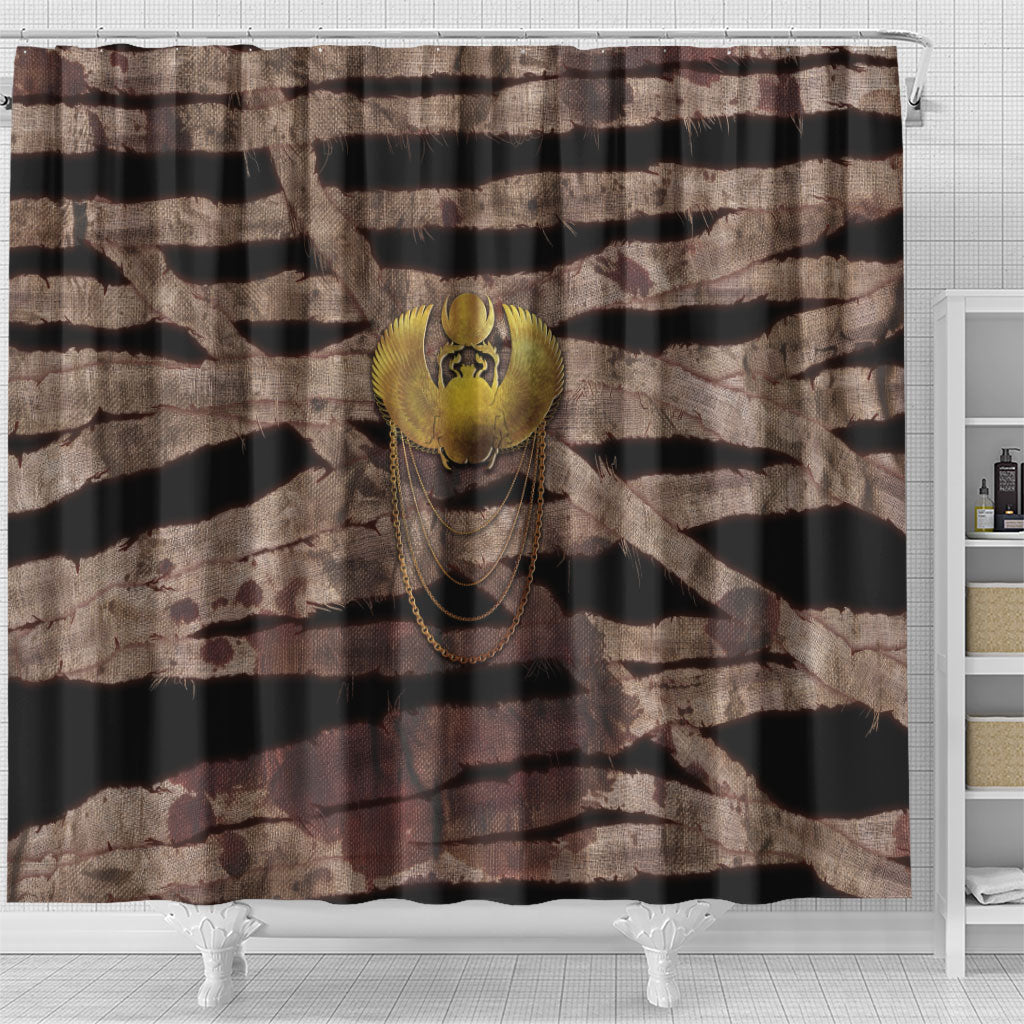 African Halloween Egypt Mummy Wrap Shower Curtain Golden Winged Scarab Badge