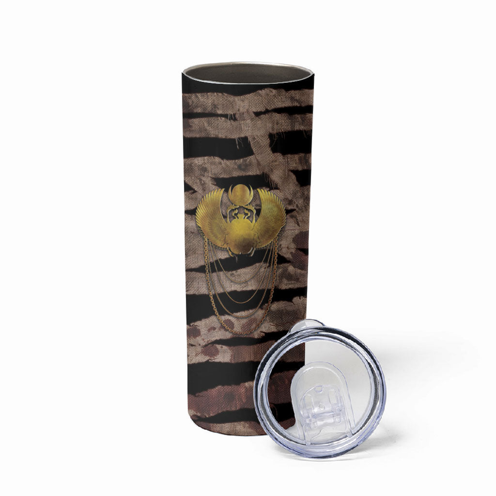 African Halloween Egypt Mummy Wrap Skinny Tumbler Golden Winged Scarab Badge