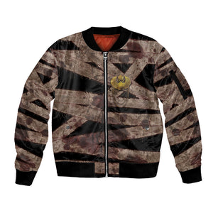 African Halloween Egypt Mummy Wrap Sleeve Zip Bomber Jacket Golden Winged Scarab Badge