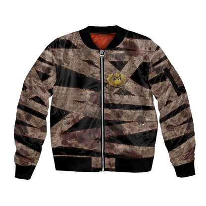 African Halloween Egypt Mummy Wrap Sleeve Zip Bomber Jacket Golden Winged Scarab Badge