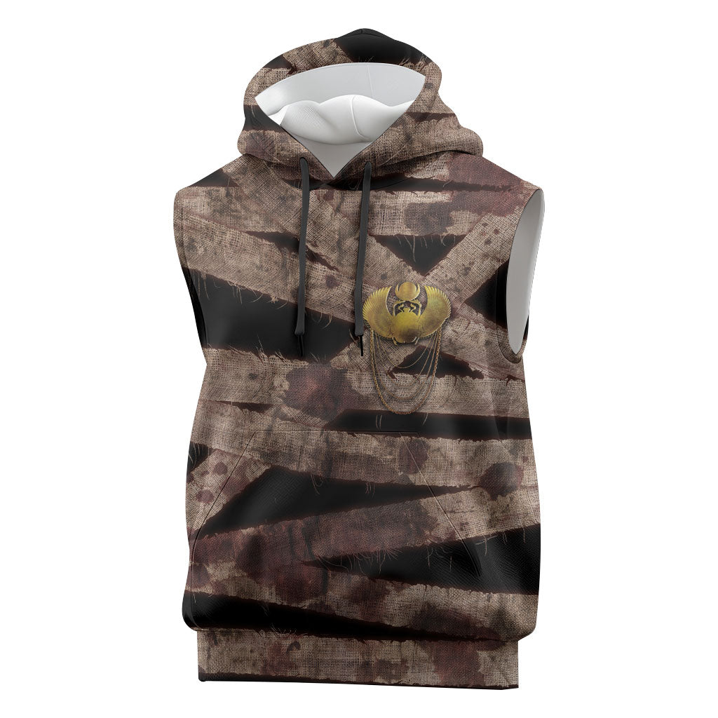 African Halloween Egypt Mummy Wrap Sleeveless Hoodie Golden Winged Scarab Badge