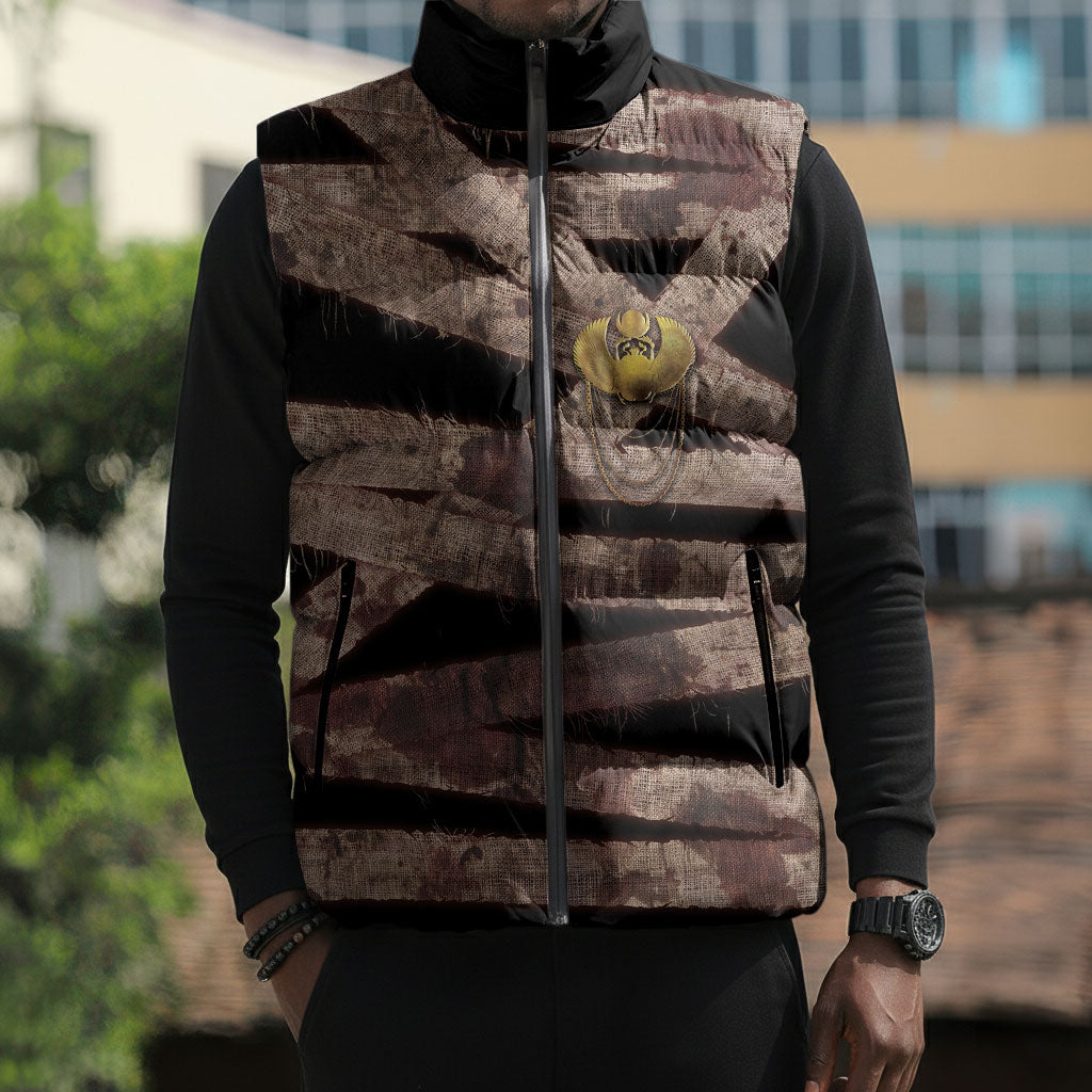 African Halloween Egypt Mummy Wrap Sleeveless Puffer Jacket Golden Winged Scarab Badge