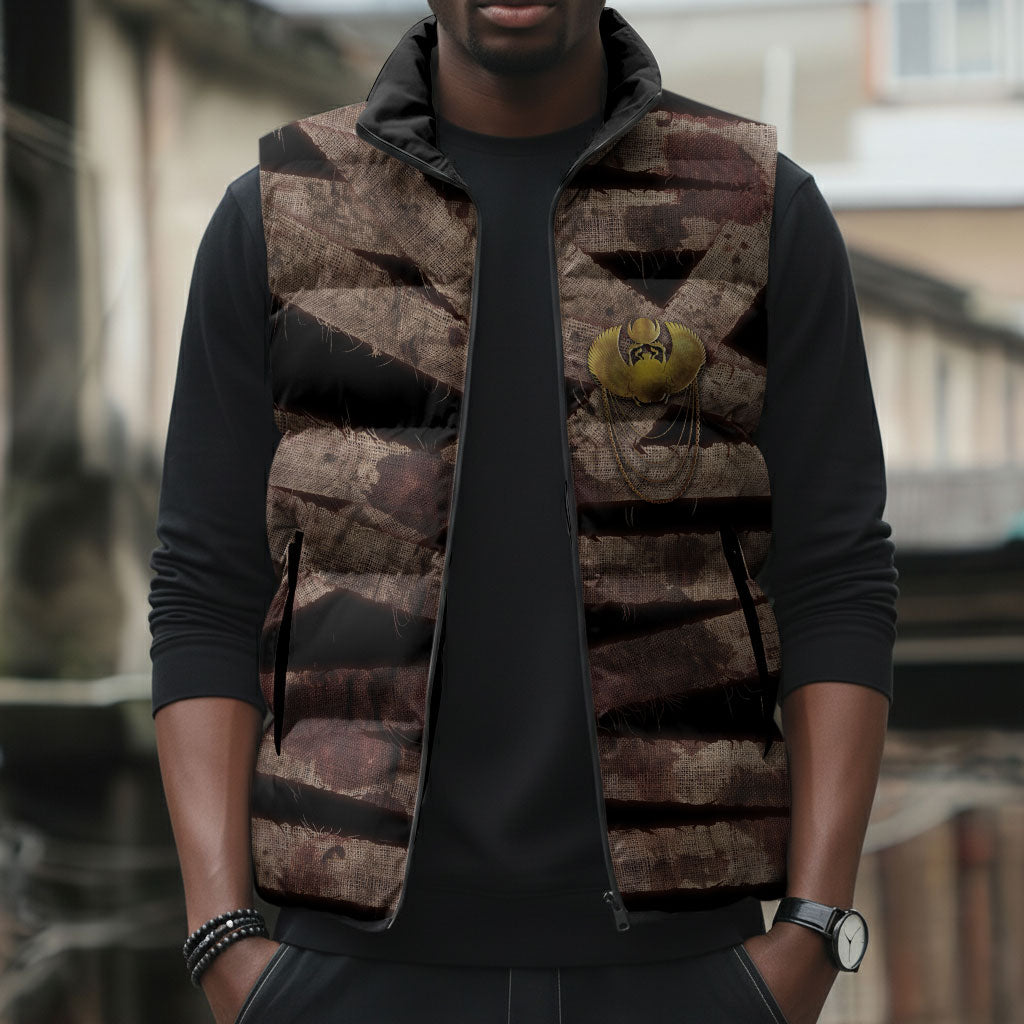 African Halloween Egypt Mummy Wrap Sleeveless Puffer Jacket Golden Winged Scarab Badge