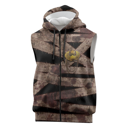 African Halloween Egypt Mummy Wrap Sleeveless Zip Hoodie Golden Winged Scarab Badge