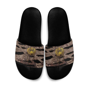 African Halloween Egypt Mummy Wrap Slide Sandals Golden Winged Scarab Badge