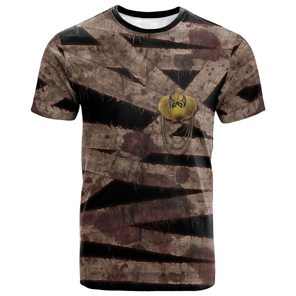 African Halloween Egypt Mummy Wrap T shirt Golden Winged Scarab Badge