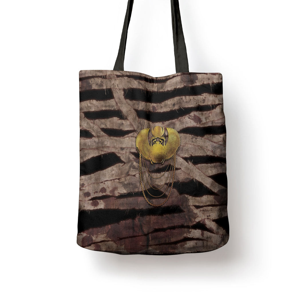 African Halloween Egypt Mummy Wrap Tote Bag Golden Winged Scarab Badge