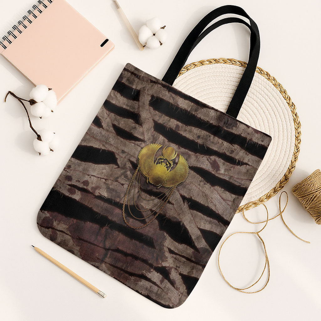 African Halloween Egypt Mummy Wrap Tote Bag Golden Winged Scarab Badge