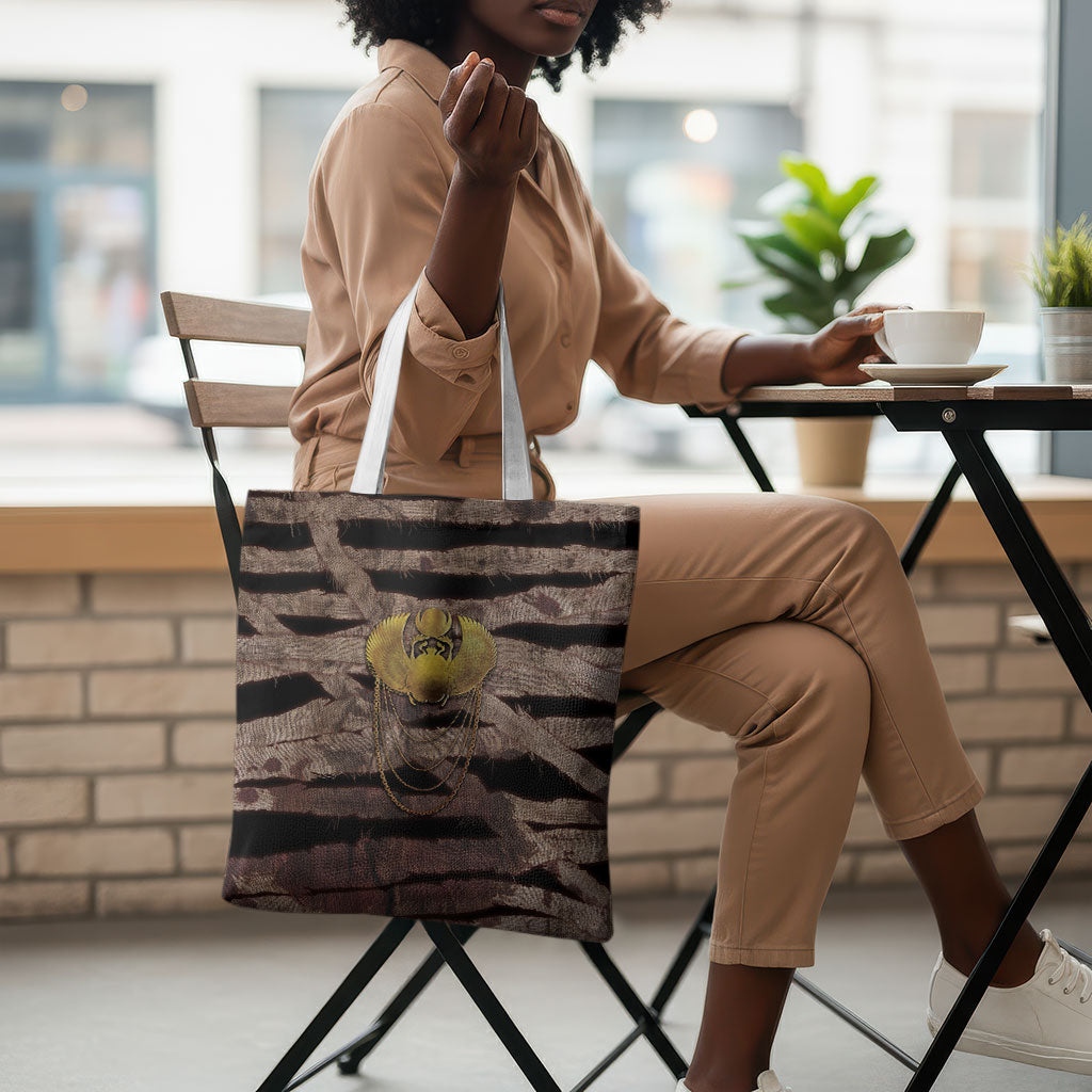 African Halloween Egypt Mummy Wrap Tote Bag Golden Winged Scarab Badge