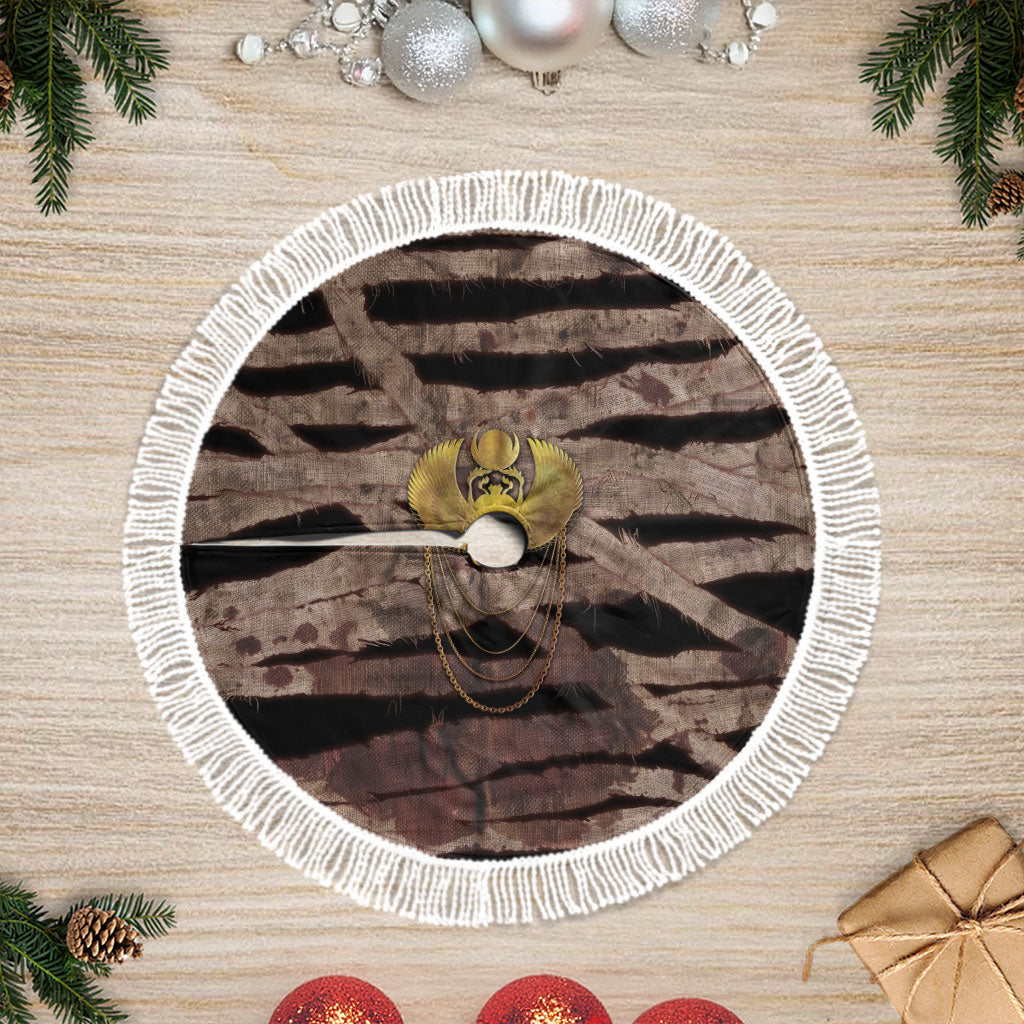 African Halloween Egypt Mummy Wrap Tree Skirt Golden Winged Scarab Badge