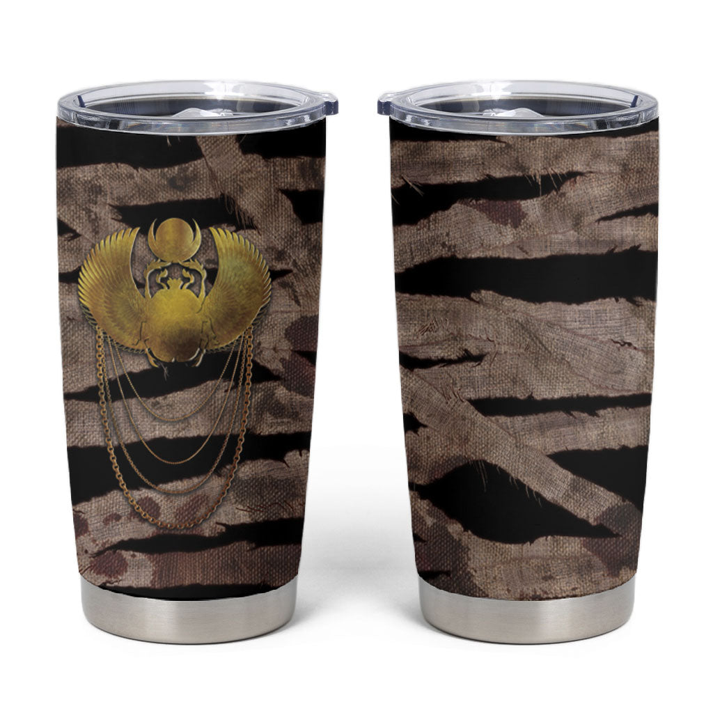 African Halloween Egypt Mummy Wrap Tumbler Cup Golden Winged Scarab Badge