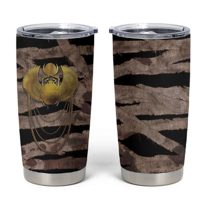 African Halloween Egypt Mummy Wrap Tumbler Cup Golden Winged Scarab Badge