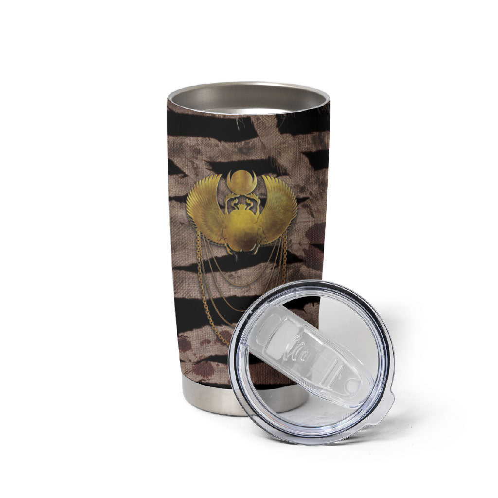African Halloween Egypt Mummy Wrap Tumbler Cup Golden Winged Scarab Badge