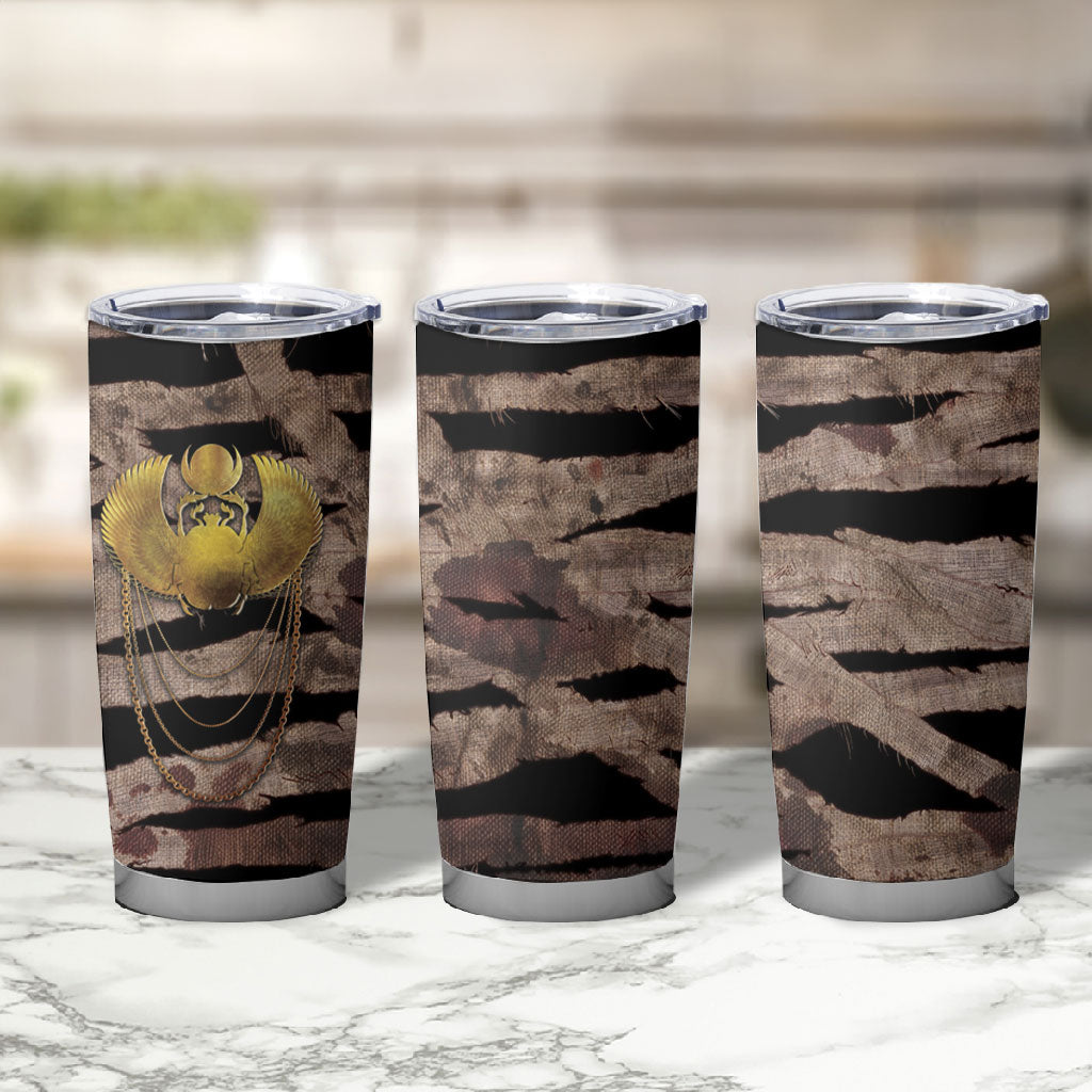 African Halloween Egypt Mummy Wrap Tumbler Cup Golden Winged Scarab Badge