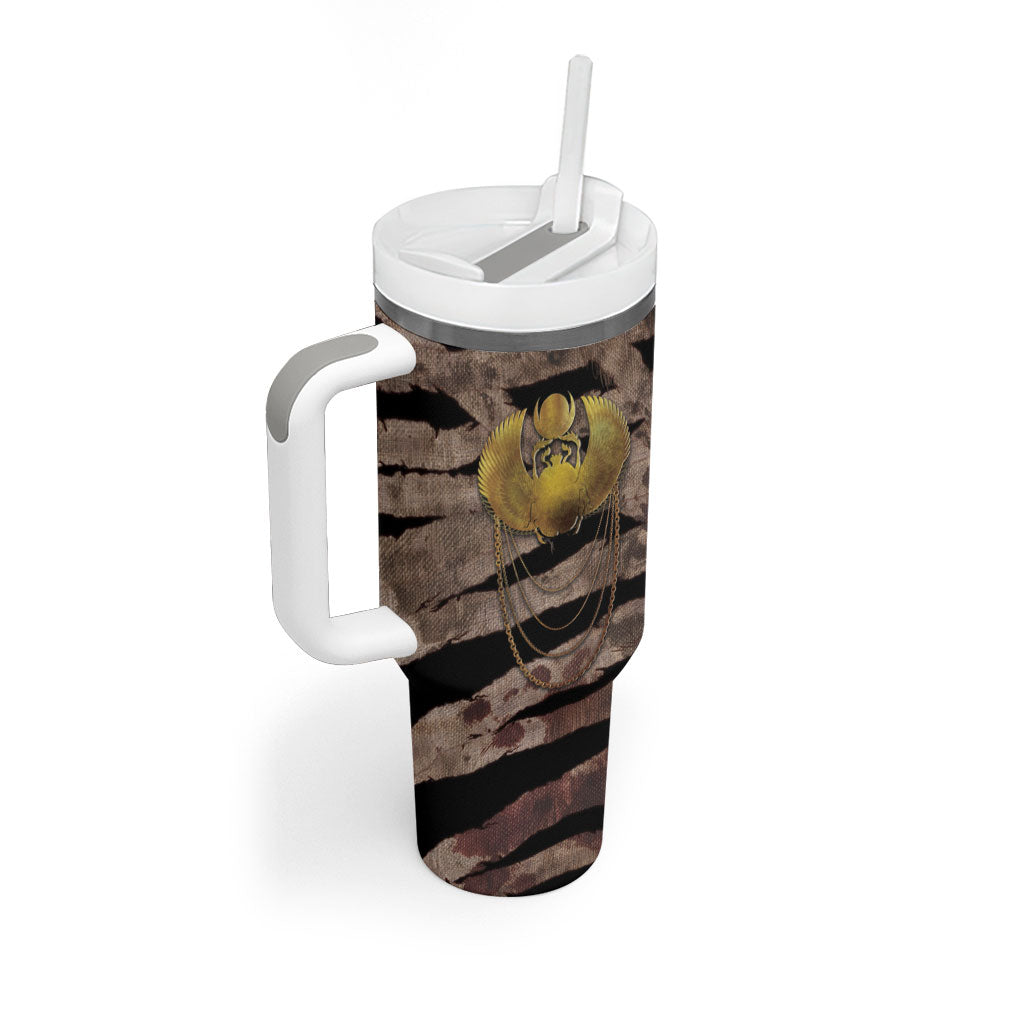 African Halloween Egypt Mummy Wrap Tumbler With Handle Golden Winged Scarab Badge