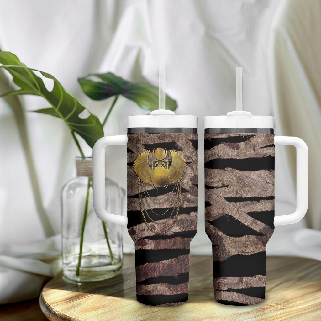 African Halloween Egypt Mummy Wrap Tumbler With Handle Golden Winged Scarab Badge